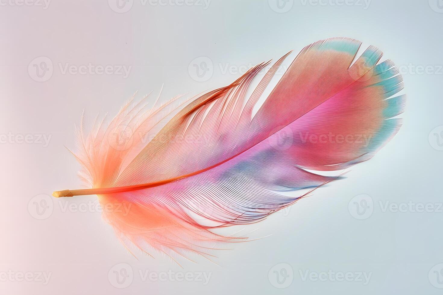 Vibrant Hues of a Single Bird Feather A Close-Up Study of Texture, Color, and Delicate Structure. Exploring the Artistic Beauty of Nature's Palette, Showcasing Intricate Details in Stunning Clarity. photo