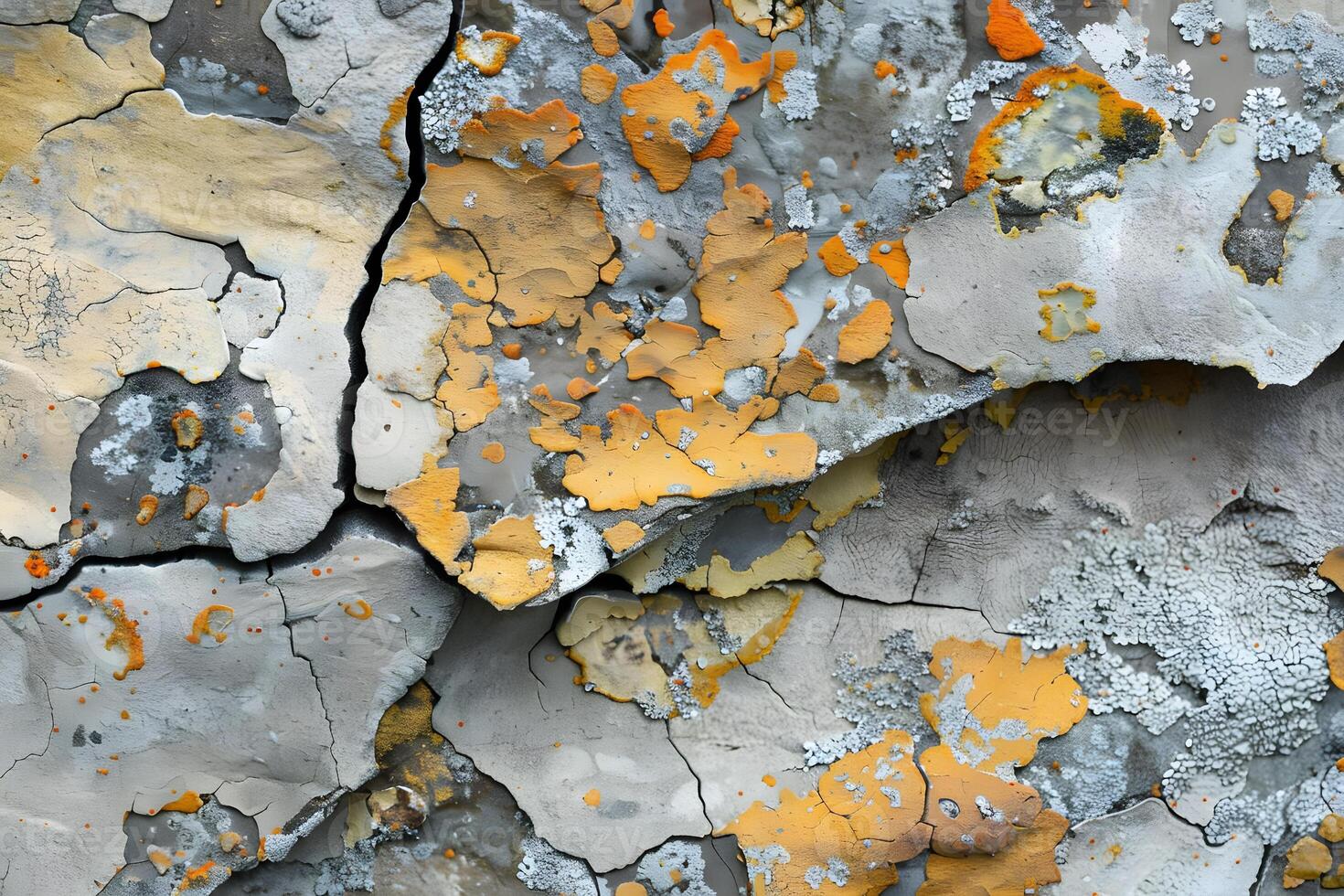 Abstract Texture Gray and Gold Paint Peeling, Cracking, and Flaking, Revealing Underlying Layers with Unique Patterns and Abstract Art Elements, Creating a Visually Stunning Composition. photo