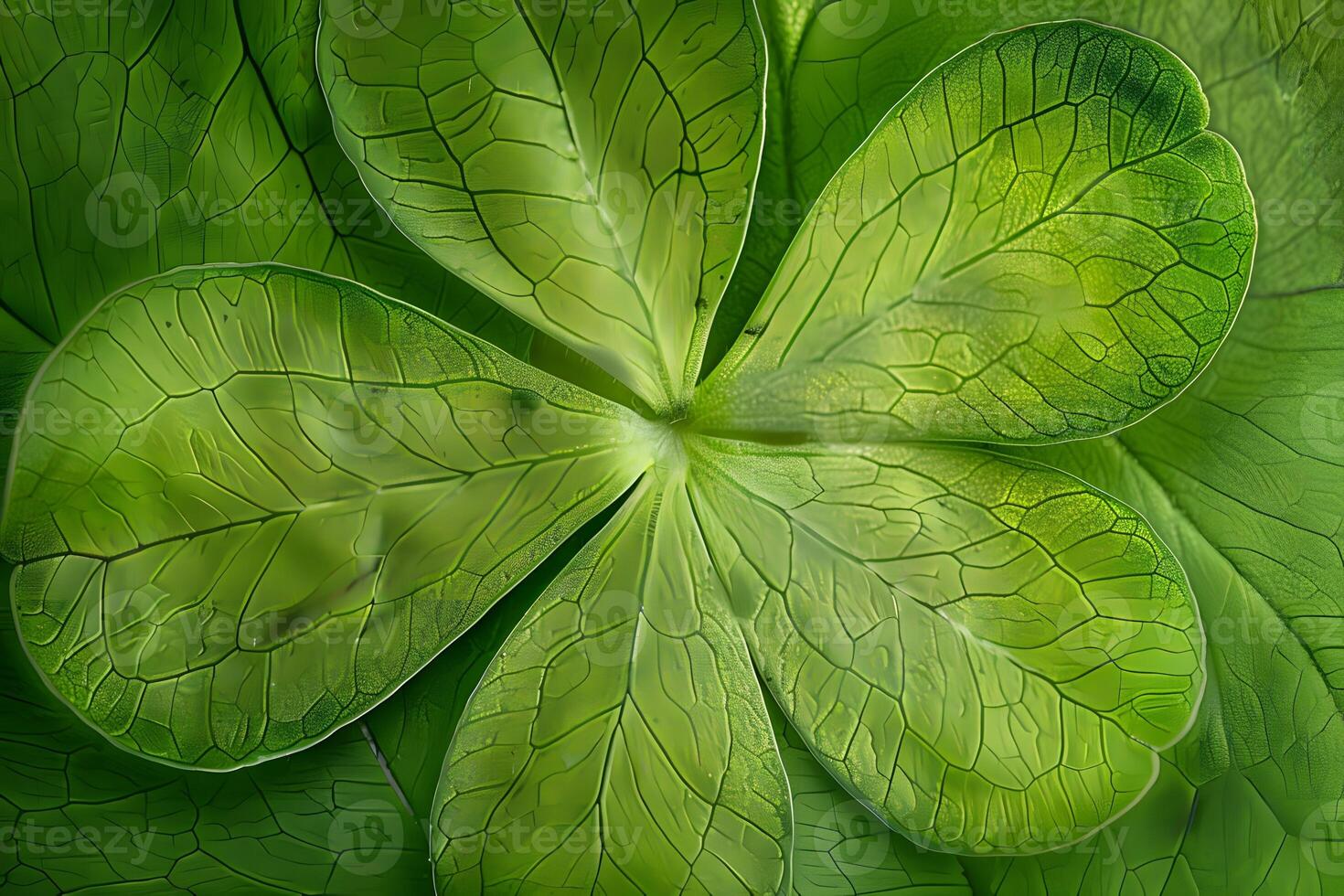 Exploring the Intricate Veining of a Four-Leaf Clover A Close-Up Macro View of Nature's Design, Revealing the Beauty and Complexity of Botanical Structures with Stunning Detail and Vivid Green Hues. photo