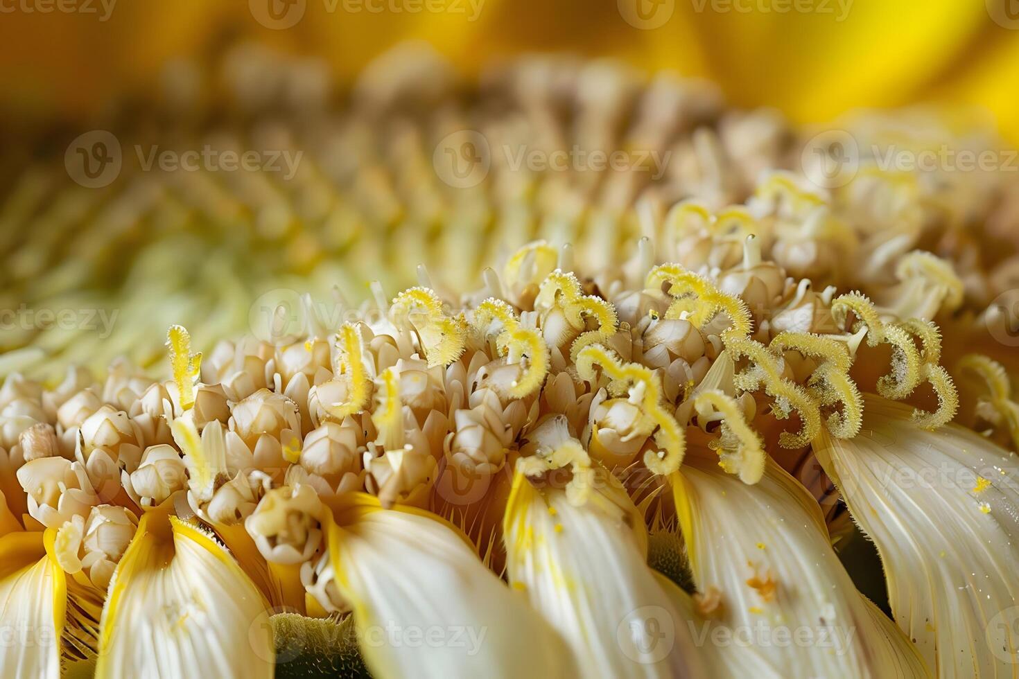 Close-Up View of Sunflower's Disc Florets and Petals Detailed Macro Photography Revealing Intricate Pollen Structure and Floral Anatomy with Vibrant Yellow Hues, Showcasing Natural Beauty Up Close. photo