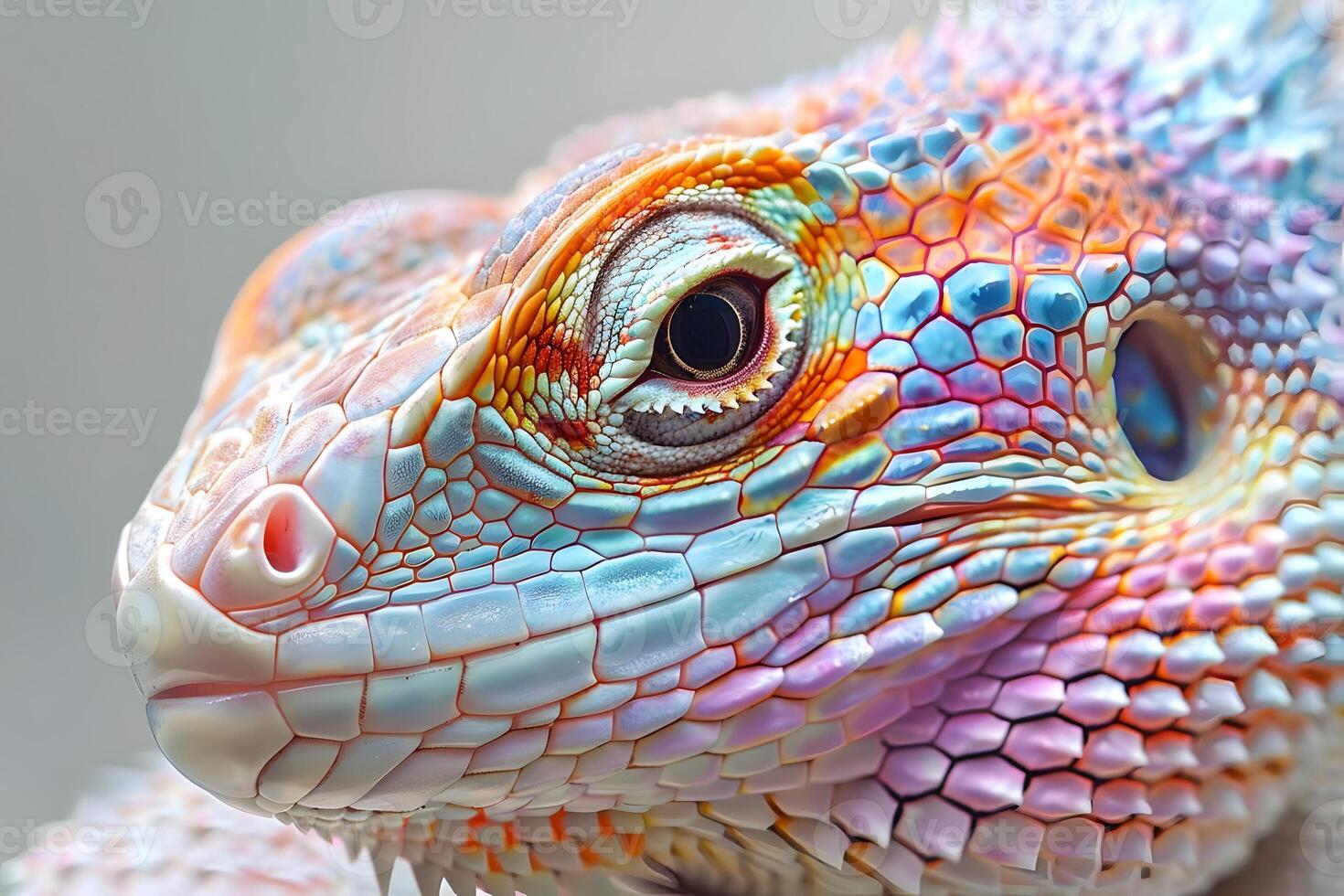 Vibrant Reptile Skin Close-Up View of a Colorful Lizard's Detailed Scales and Eye, Showcasing Nature's Artistic Mastery in Vivid Hues and Intricate Patterns. Discover the Beauty of Animalia. photo