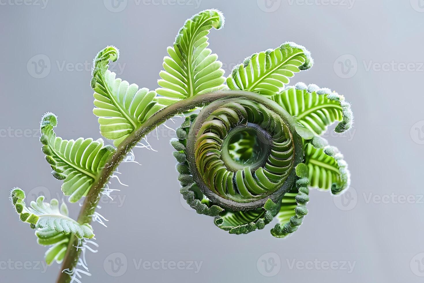 Unfurling Fern Fronds Observing the Exquisite Unfolding of a Fern's Fiddlehead in Nature's Symphony of Growth, a Detailed Macro View of Botanical Beauty and Delicate Structures. photo