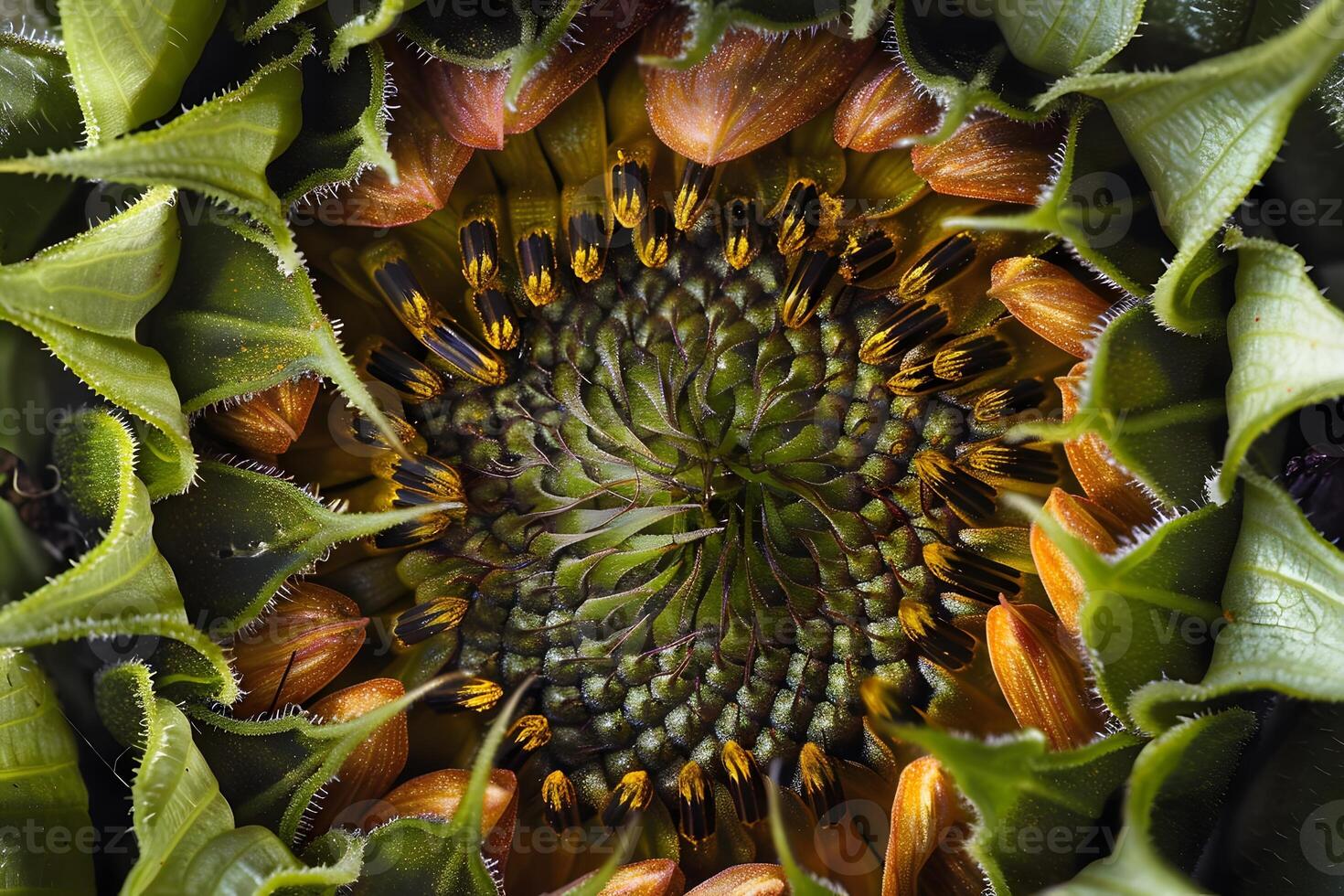 Close-Up View of a Sunflower's Complex Structure Petals, Seeds, and Disc Florets in Exquisite Detail, Revealing Nature's Intricate Design with Stunning Visuals. photo