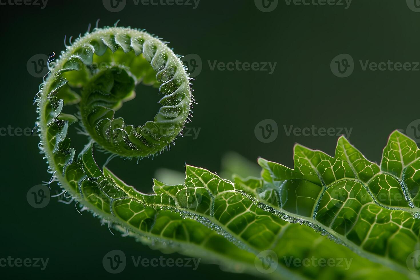 Unfurling Fern A Close-Up View of Nature's Spiral, Exquisitely Detailed with Dew Drops, Showcasing Vibrant Green Hues, Botanical Beauty Unfolds in Macro Photography. photo