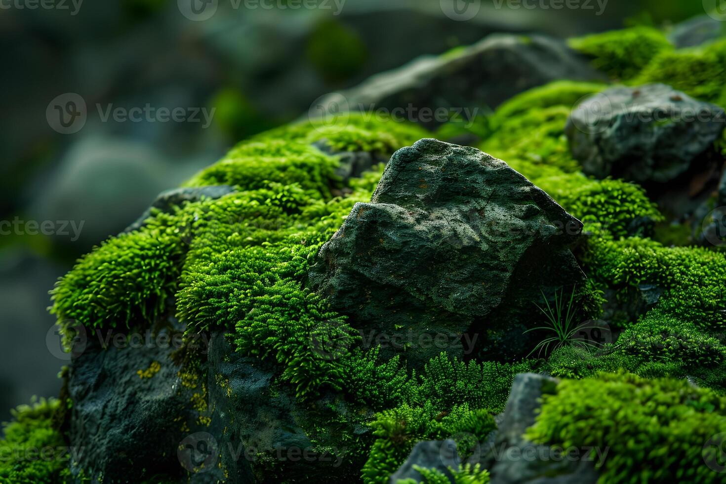 Lush Green Moss Thriving on Dark Rocks, a Vibrant Display of Nature's Resilience in a Serene Environment, Showcasing the Beauty of Natural Textures and Colors, Evoking Tranquility and Peace. photo