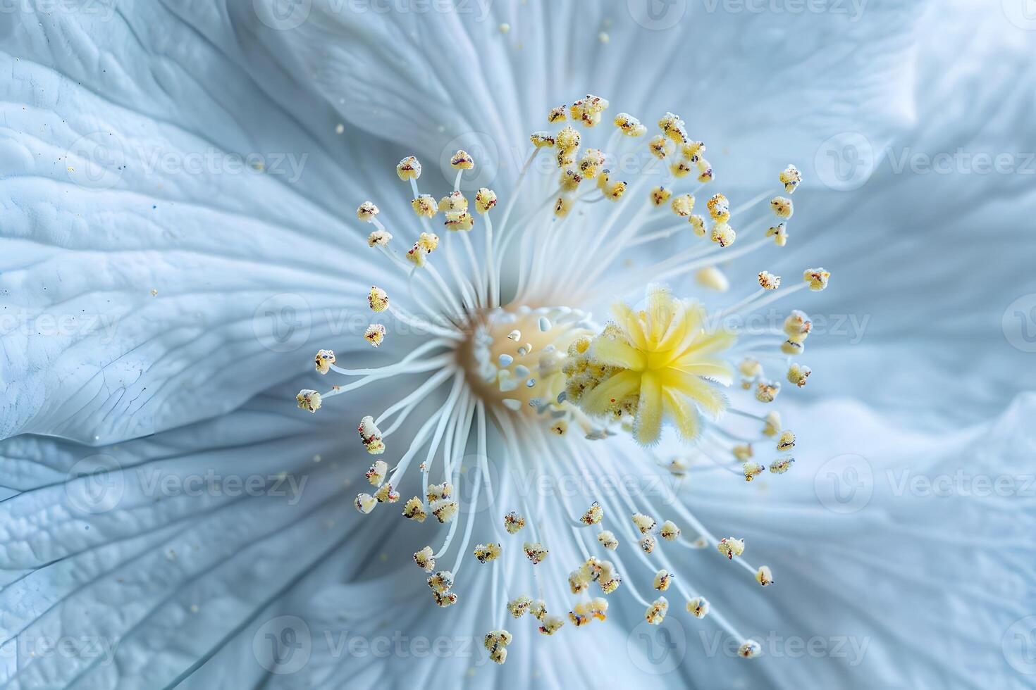 Exploring the Intricate Details of a Light Blue Flower's Stamen and Pistil, Revealing Nature's Exquisite Design with Stunning Close-Up Photography, Showcasing Botanical Wonders in High Definition. photo