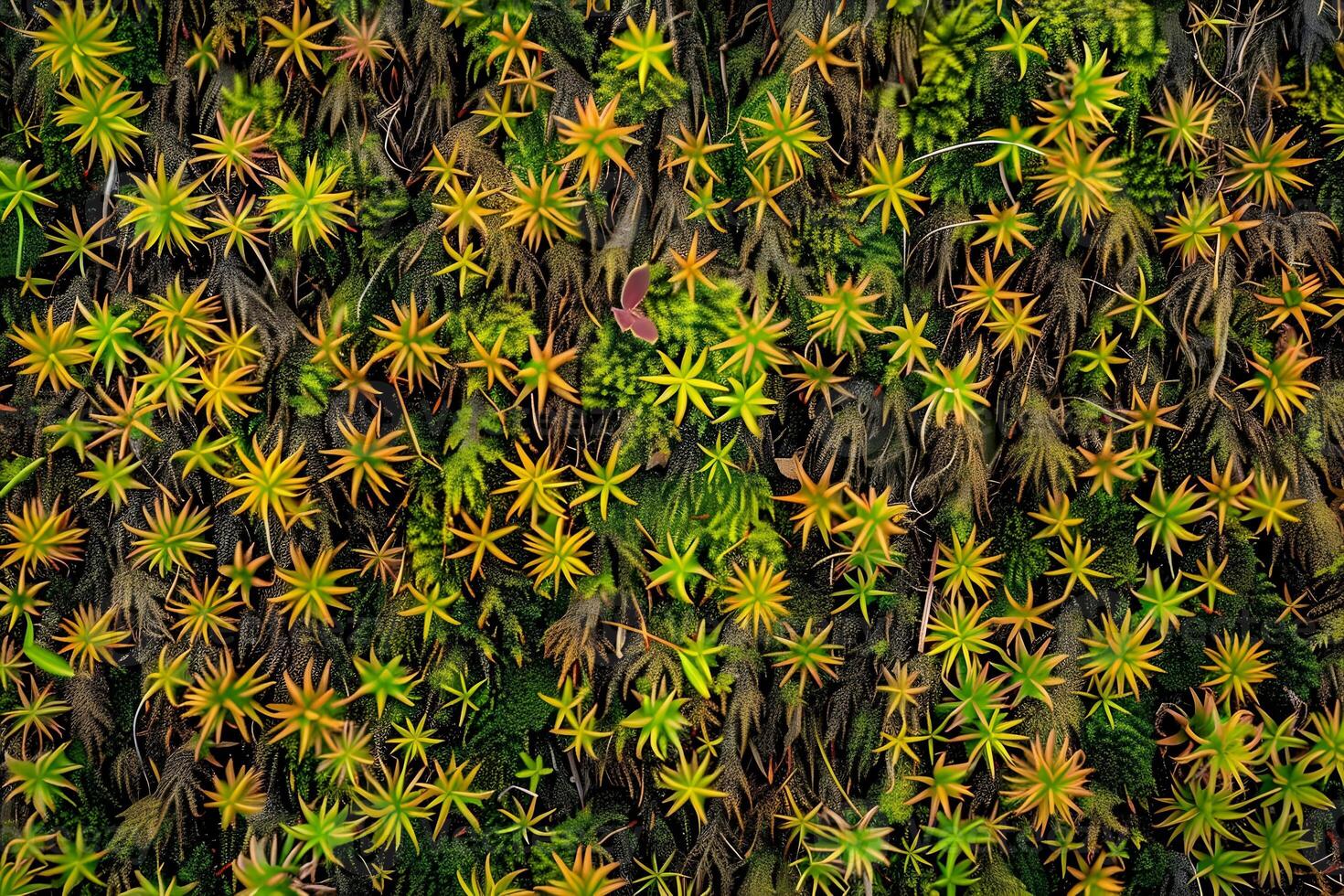 Vibrant Green and Gold Star-Shaped Plants Thrive in Lush Mossy Ground Cover A Close-Up View of Unique Flora in Nature's Tapestry, Showcasing Intricate Details and Diverse Textures of Botanical Life photo