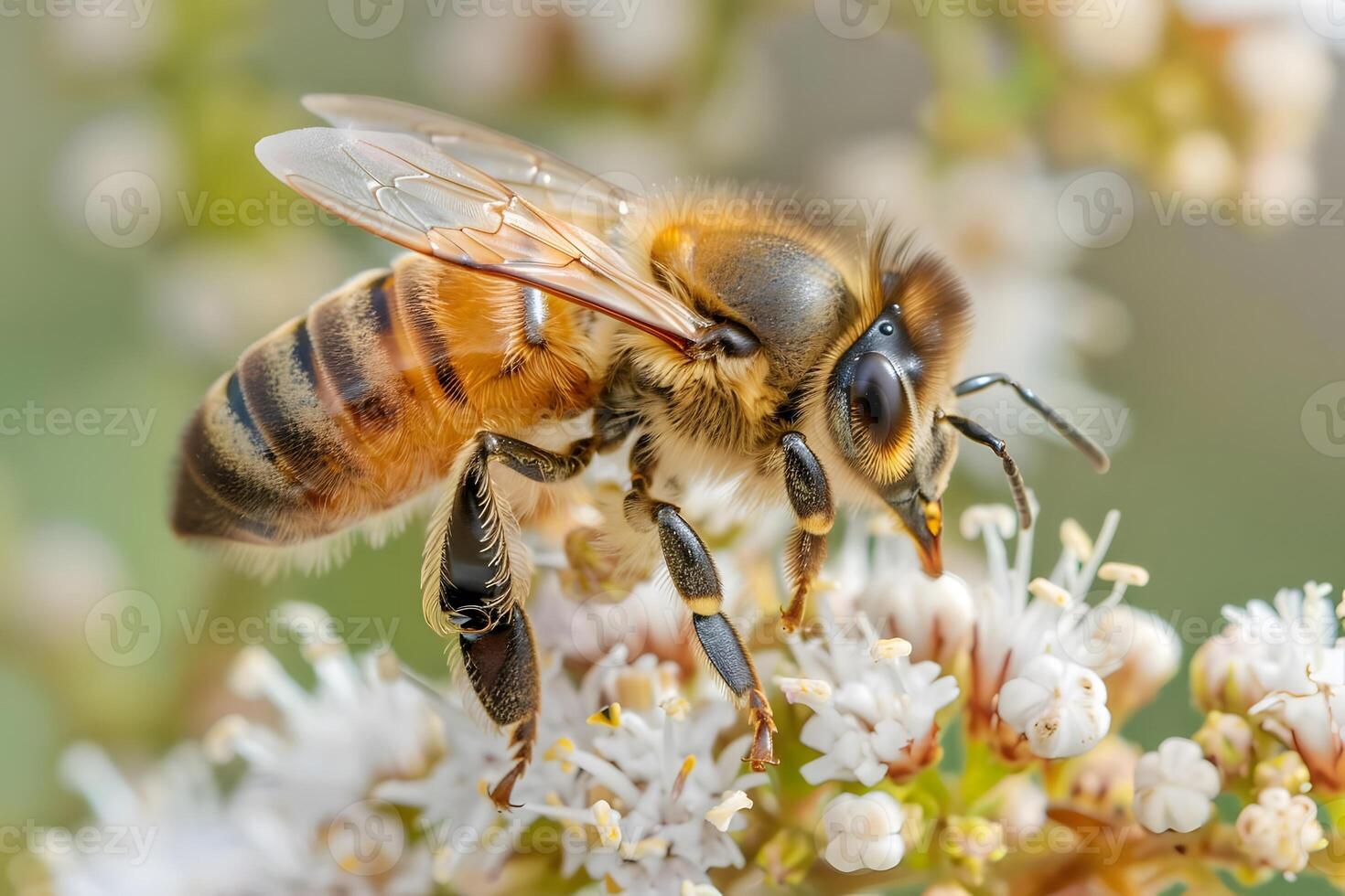 Honeybee Close-Up A Detailed Examination of its Anatomy, Pollen Collection Process, and Flight Mechanics, Showcasing the Insect's Vital Role in Pollination and Ecosystem Balance. photo