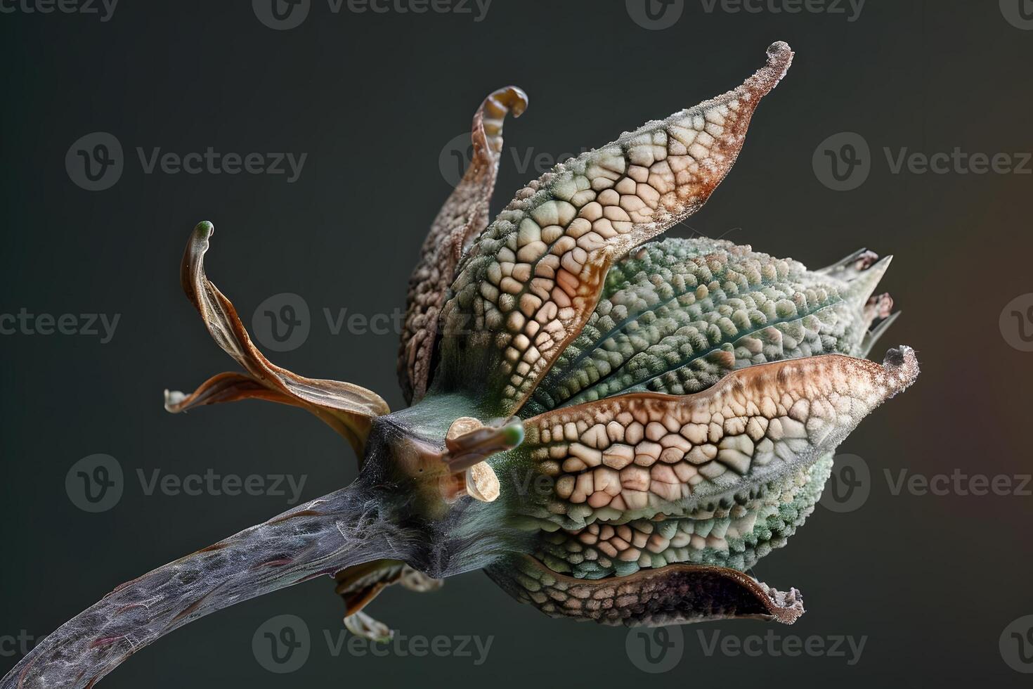 Close-Up View of a Unique Plant Seed Pod Detailed Textures, Patterns, and Colors of a Dried Seed Head, Revealing Intricate Botanical Structures, Capturing the Beauty of Nature's Designs. photo