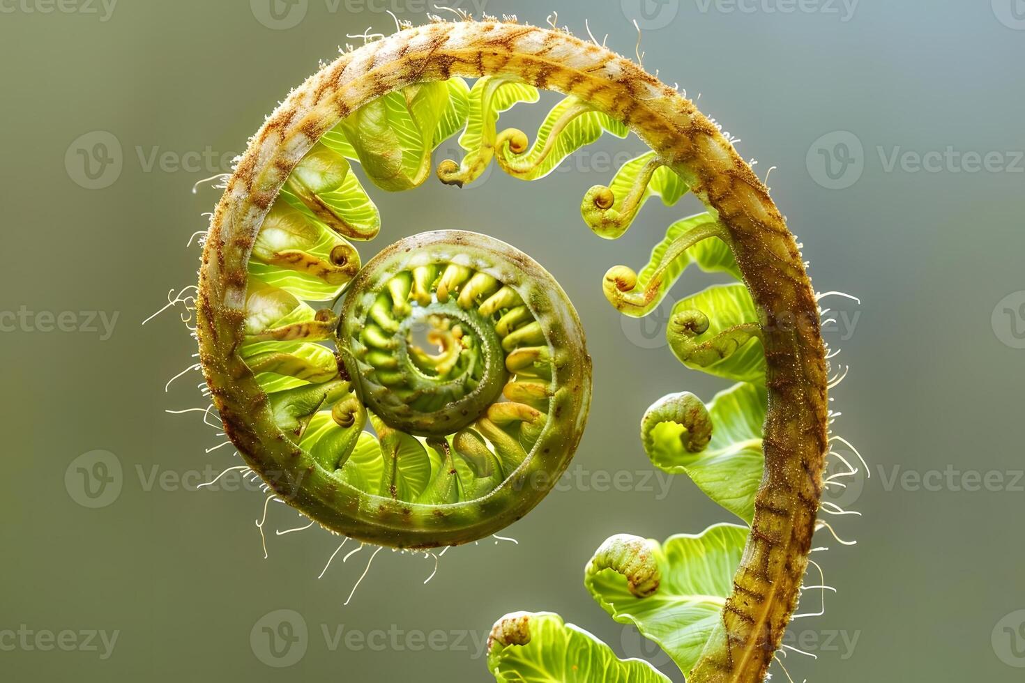 Unfurling Fern Fronds A Close-Up Look at Nature's Spiral Geometry, Showing the Delicate Unfolding of New Growth, Capturing Botanical Beauty with Exquisite Detail in Vibrant Greens and Browns. photo