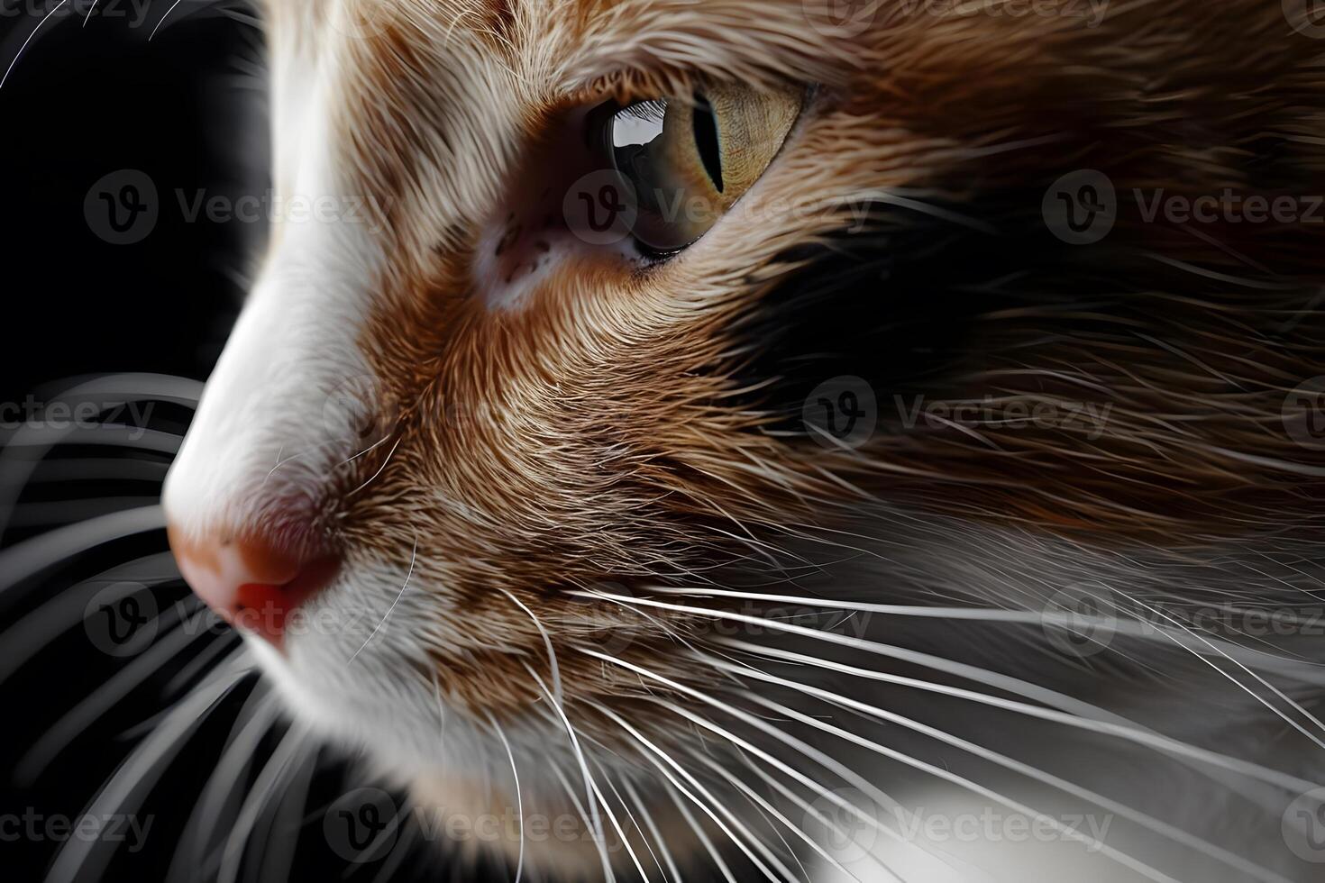 Close-Up of a Calico Cat's Whiskers, Fur, and Eye Exploring Feline Anatomy and Beauty with Detailed Images, Captivating View of a Domestic Animal. photo