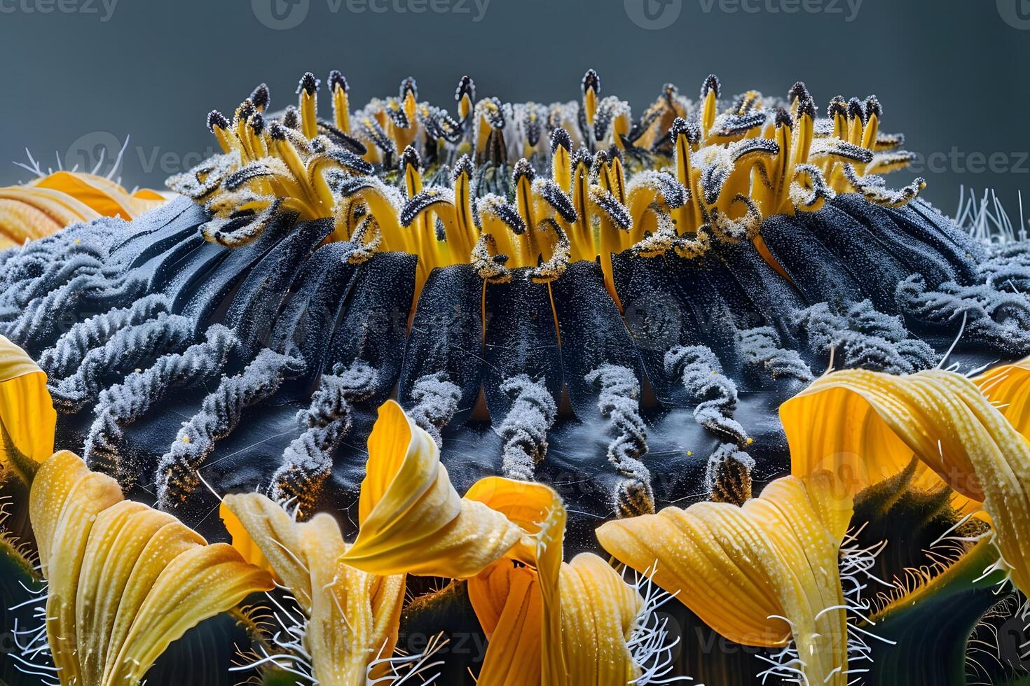 Close-Up View of a Sunflower's Disc Florets, Petals, and Pollen Covered in Frost, Showcasing Nature's Intricate Details with Stunning Visuals, Revealing the Beauty of Botanical Structures. photo