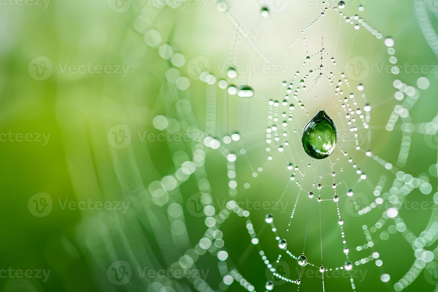 Nature's Delicate Masterpiece A Spiderweb Adorned with Morning Dew, Sparkling Brilliantly in the Green Light, Reflecting the Beauty of the Natural World. A Stunning Display of Nature's Artistry. photo