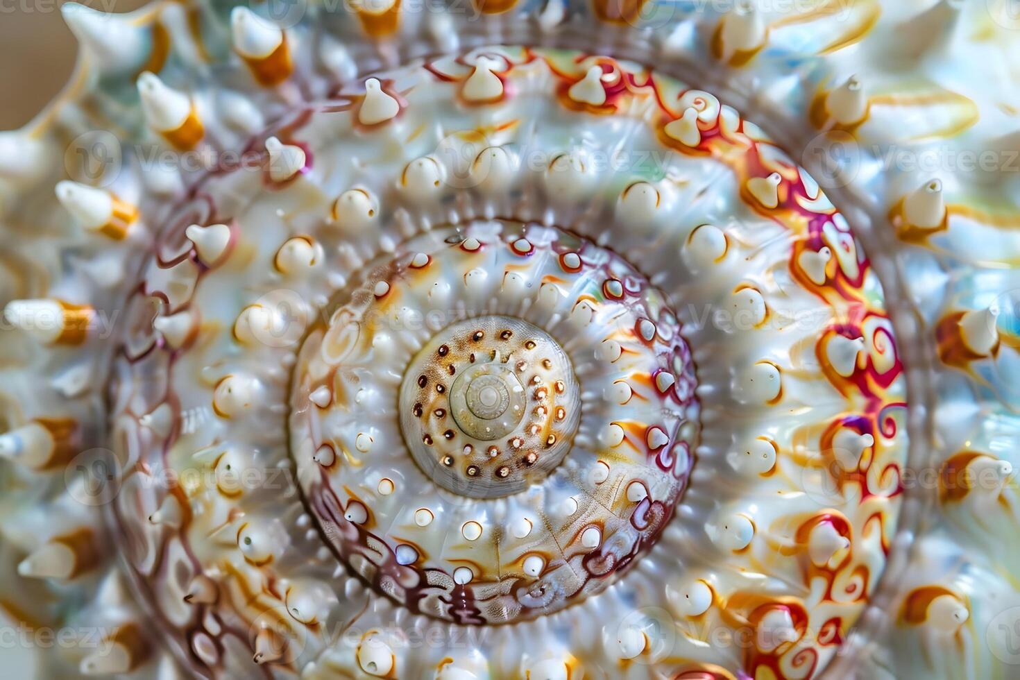 Seashell's Intricate Spiral A Close-Up View of a Colorful, Textured Marine Shell with a Stunning Geometric Pattern, Revealing Nature's Artistic Mastery in Exquisite Detail. photo