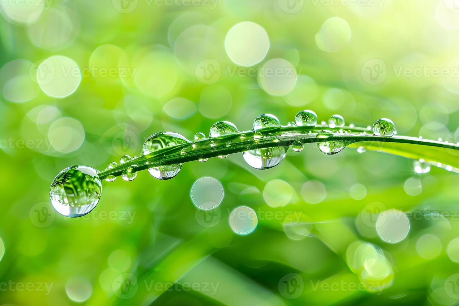 Water Droplets Adorn Green Grass Blade Reflecting Sunlight, A Breathtaking Display of Nature's Beauty in Vivid Green Hues. A Serene Macro View Showcasing Nature's Masterpiece. photo