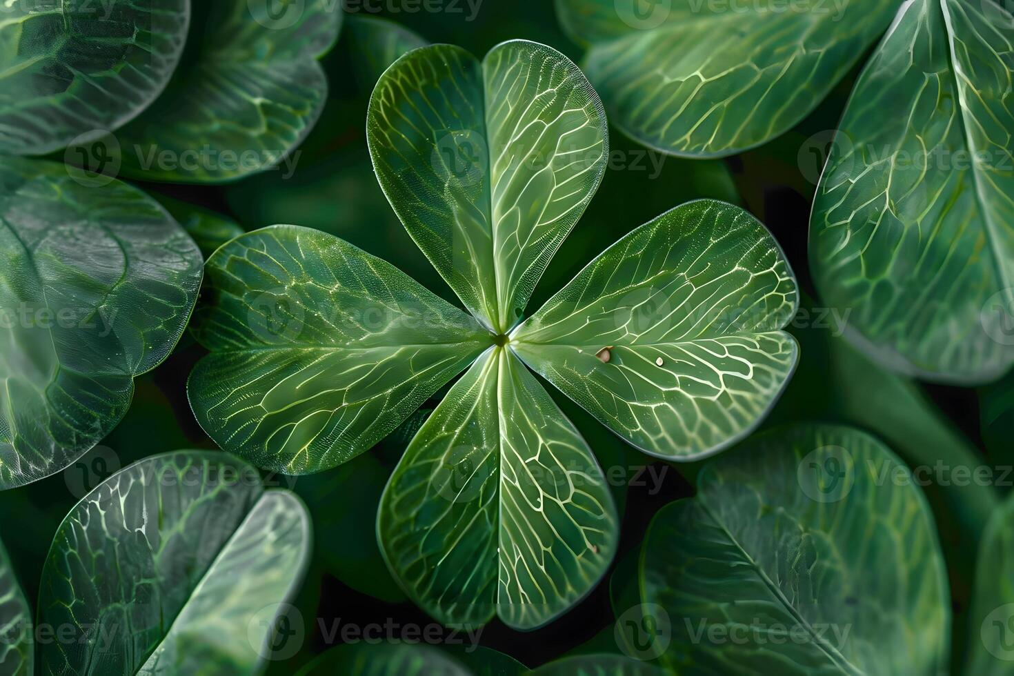 Close-Up View of Four-Leaf Clover Unveiling the Intricate Veins and Lush Green Hues of a Lucky Plant, Surrounded by Other Similar Leaves in a Vibrant Display of Nature's Beauty. photo