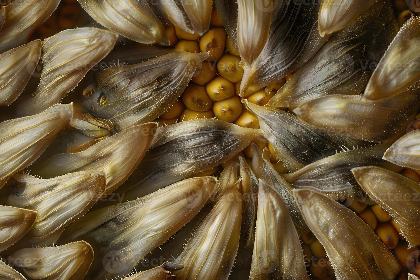 Close-Up View of Dried Sunflower Head Detailed Macro Photography Revealing Intricate Seed Structure and Petal Texture, Exquisite Botanical Details Showcasing Nature's Artistry. photo