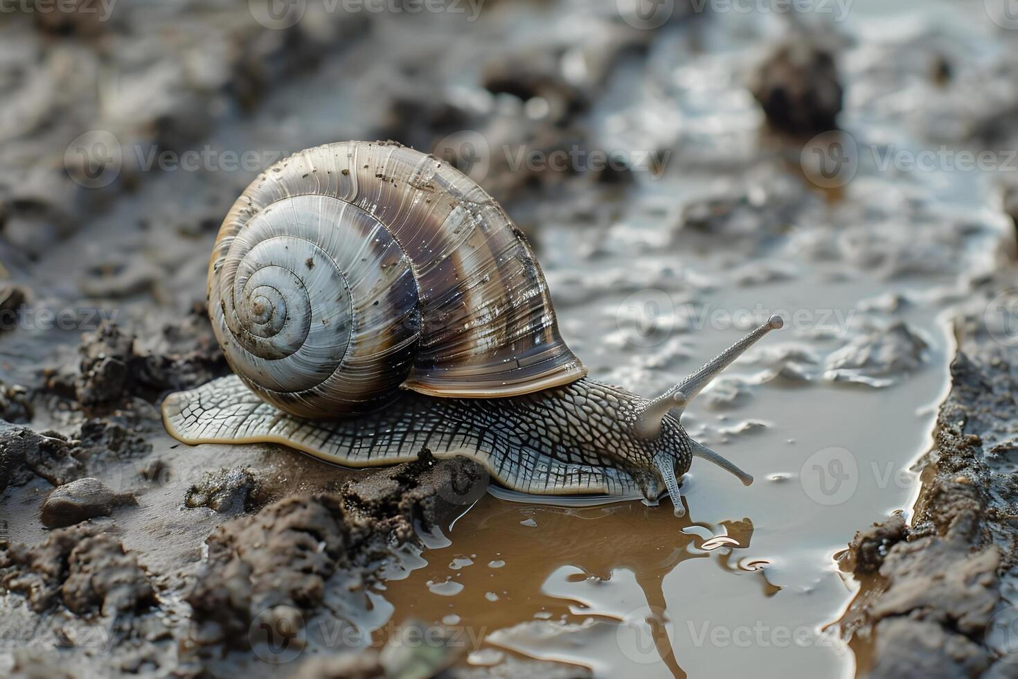 Snail's Journey A Mollusk Crawls Across Mud, Reaching a Puddle to Drink, Showing Amazing Shell Texture and Adaptation in Nature's Habitat. photo