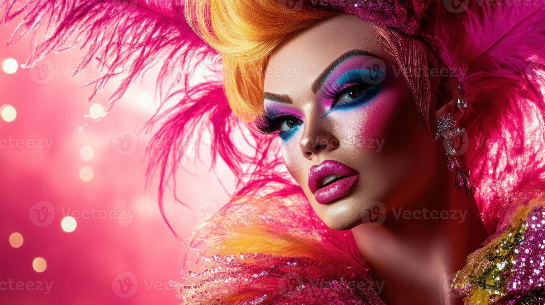 A woman with bright makeup and feathers photo