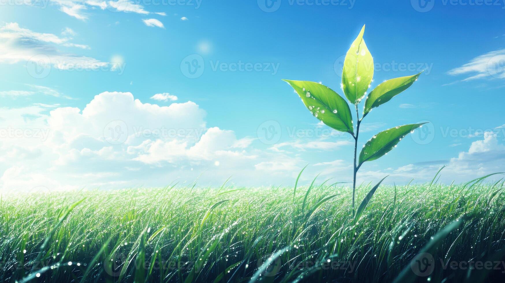 Serene Morning Dew on Grassland with a Young Sprout Under a Bright Sky photo