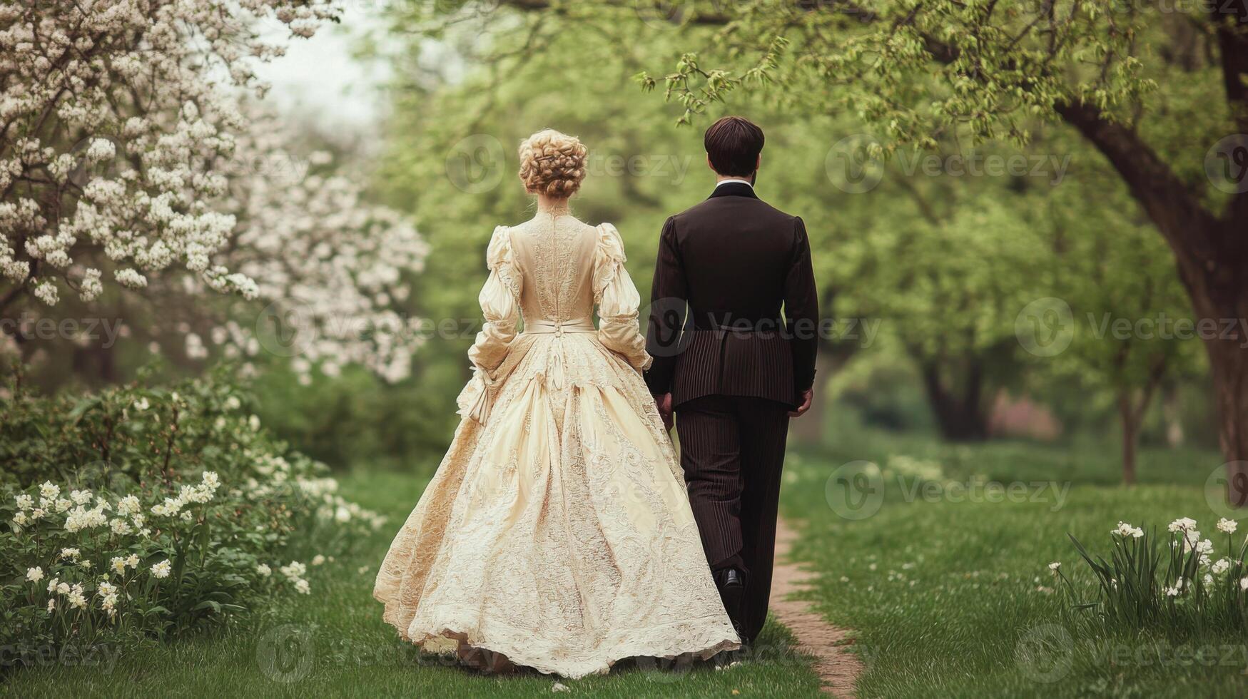 A man and woman in formal clothing walking in a park photo