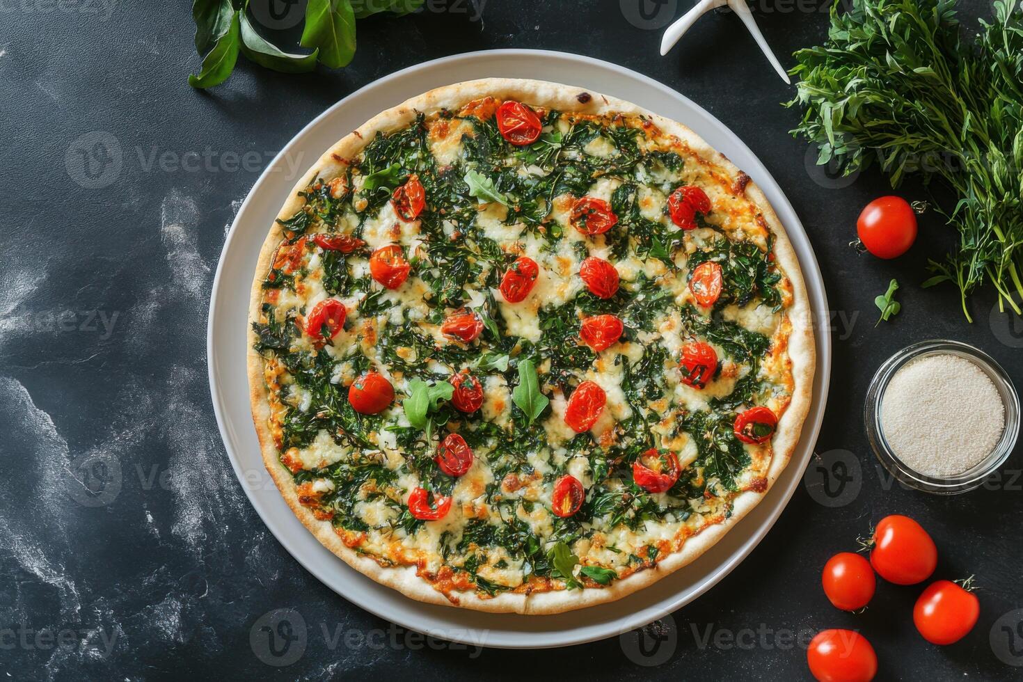 Delicious Spinach and Tomato Pizza on Dark Background A Top View photo