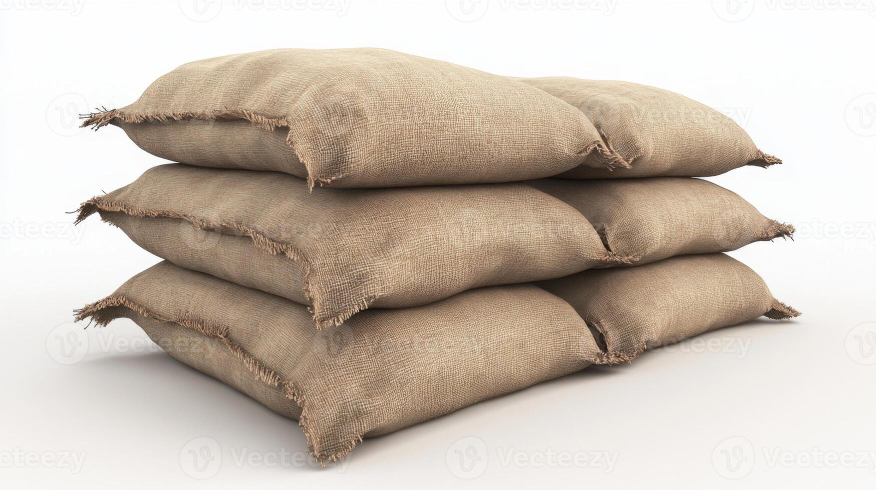 Stack of Three Beige Burlap Hessian Sacks Bags on White Background Studio Shot photo