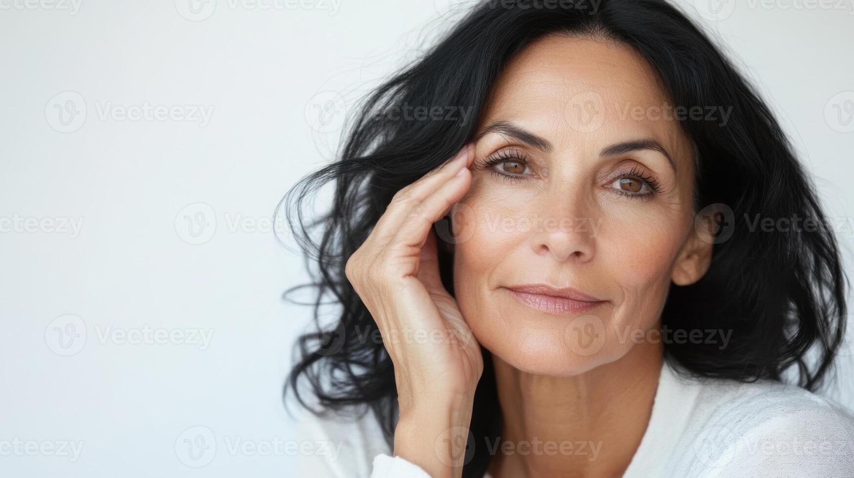 A woman with dark hair and a white shirt photo