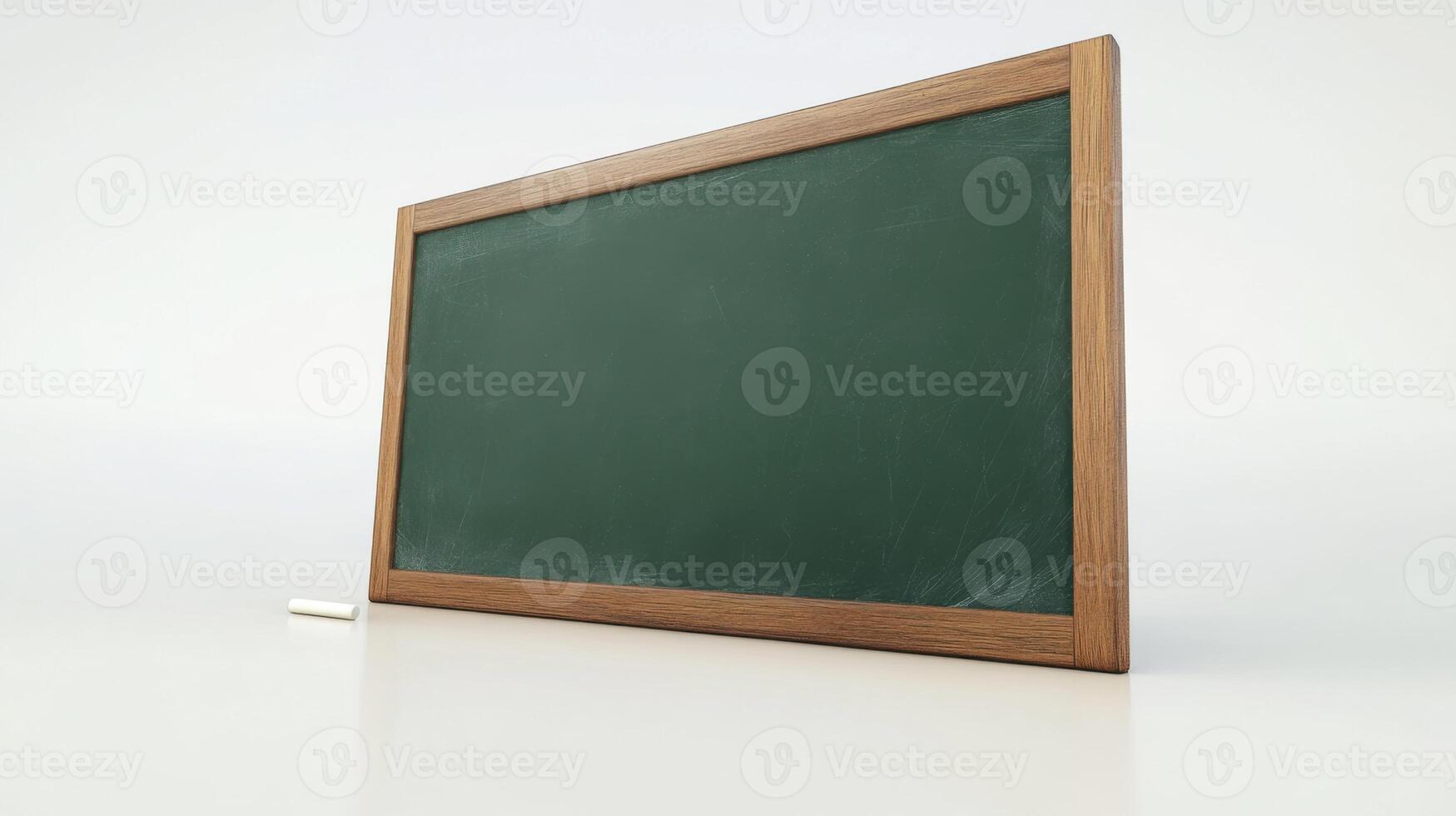 Empty Green Chalkboard with Wooden Frame and Chalk Piece Ready for Learning and Education photo