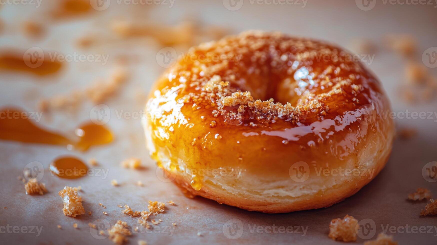Delicious Glazed Donut with Caramel Drizzle and Crumble Topping A Close Up Shot of Sweet Treat photo