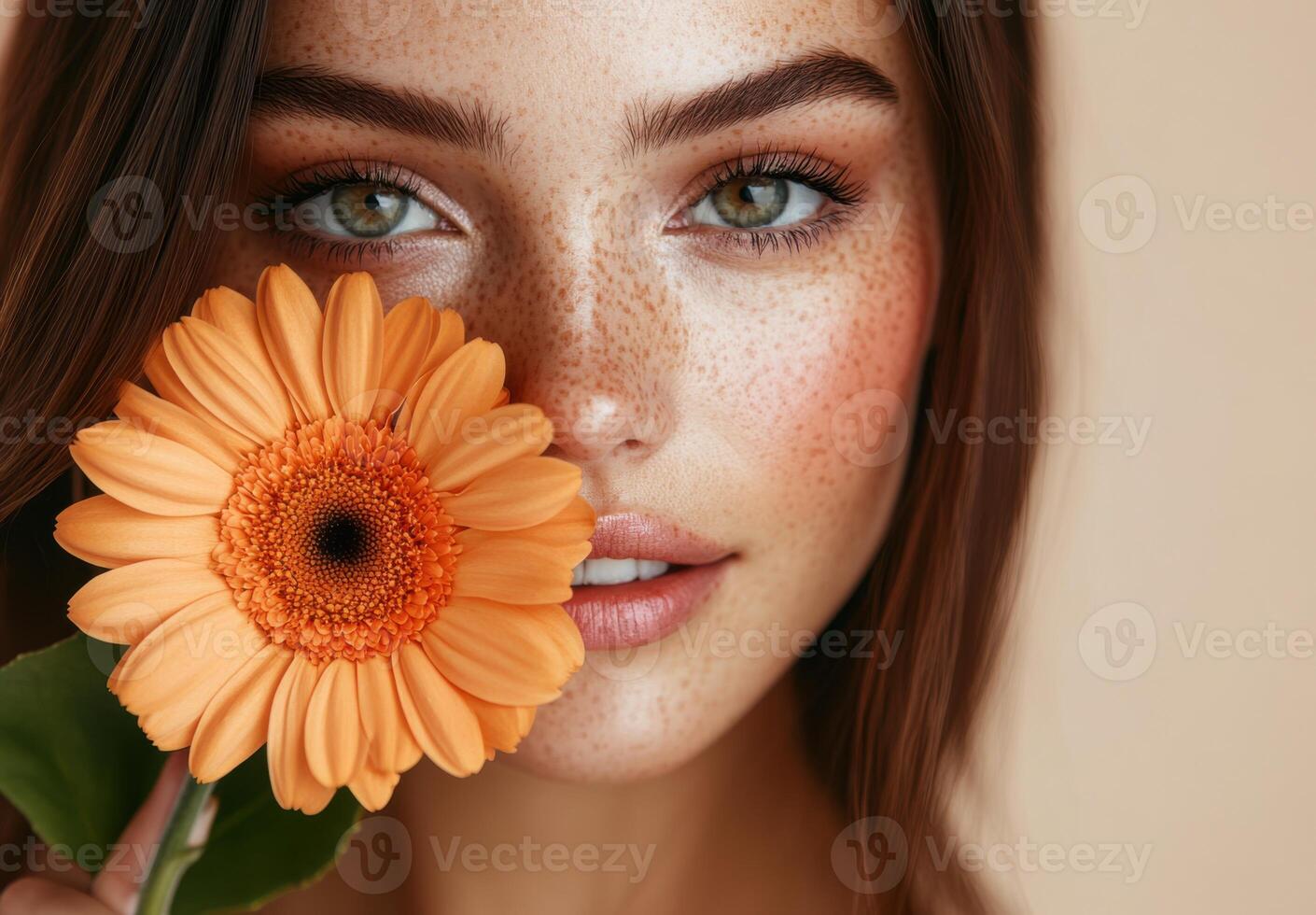 Closeup Portrait of a Young Woman with Freckles and a Gerbera Daisy photo