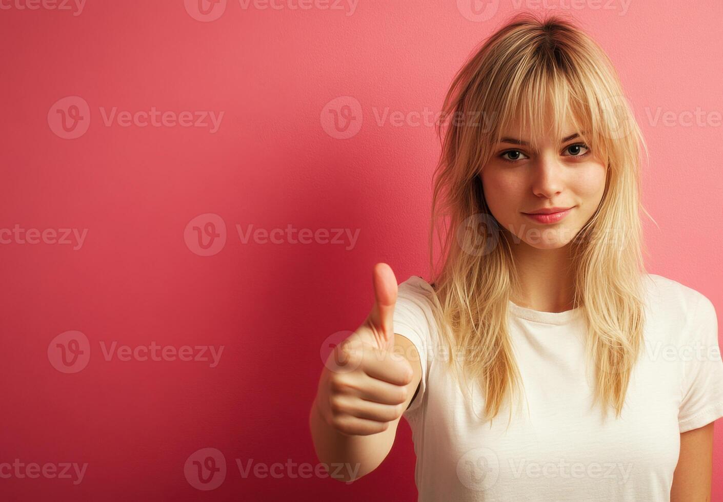 Portrait of a Blonde Woman Giving Thumbs Up Against Pink Background Studio Shot photo