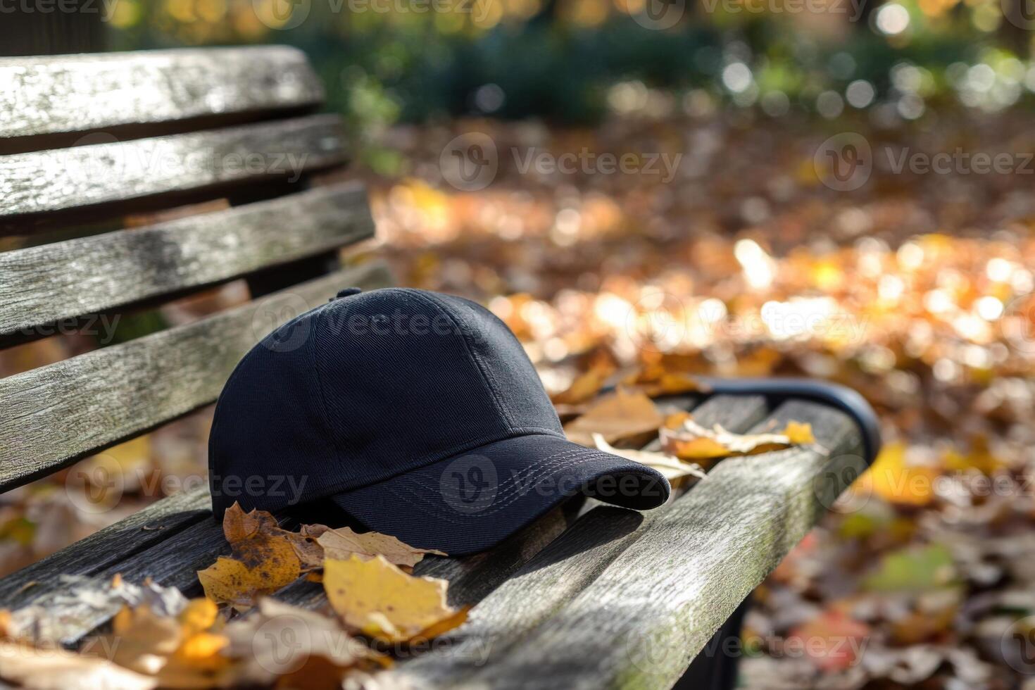 Black Baseball Cap Resting on Wooden Bench Amidst Autumn Leaves in a Park photo