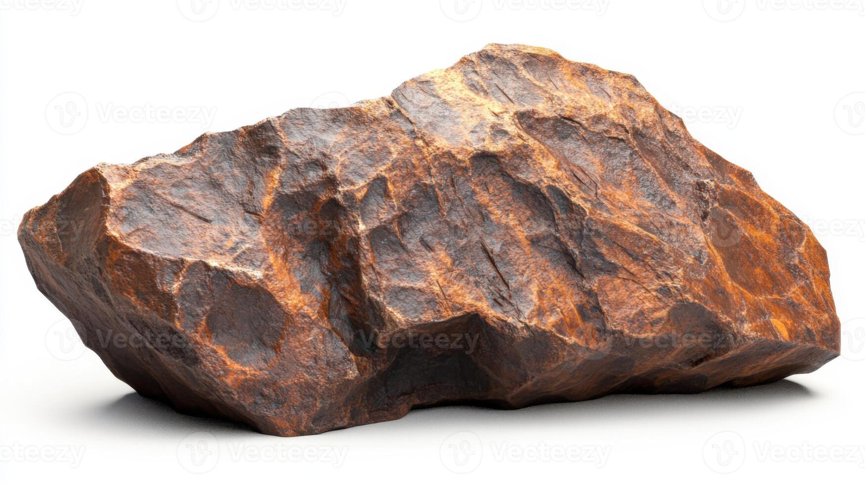 A Detailed Close-Up View of a Rough, Brown, and Rugged Rock Isolated on White Background photo
