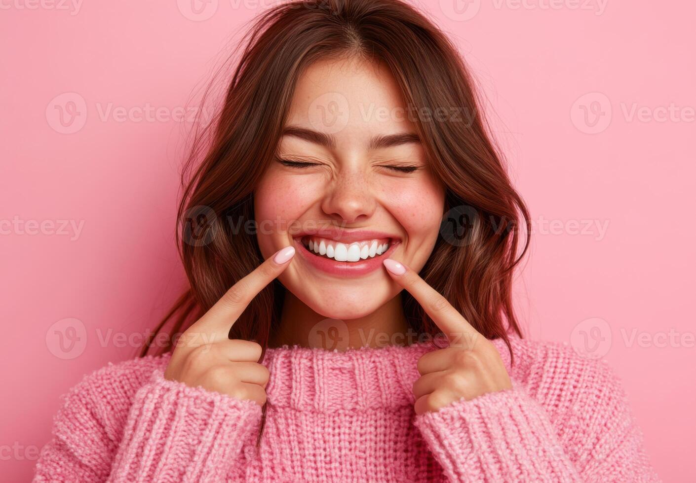 A woman in a pink sweater is smiling and showing her teeth photo