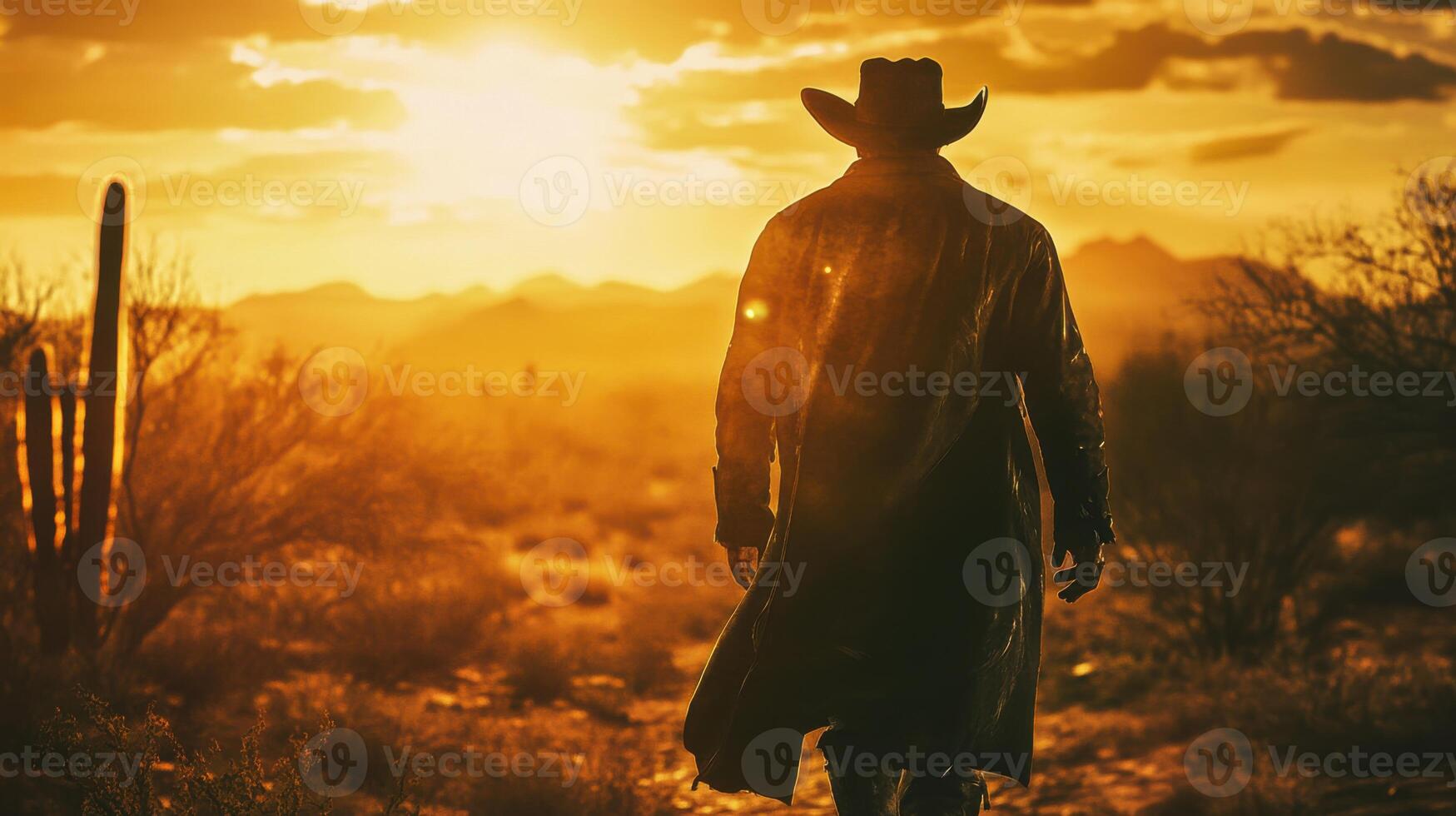 A man in a cowboy hat and coat walking in the desert photo