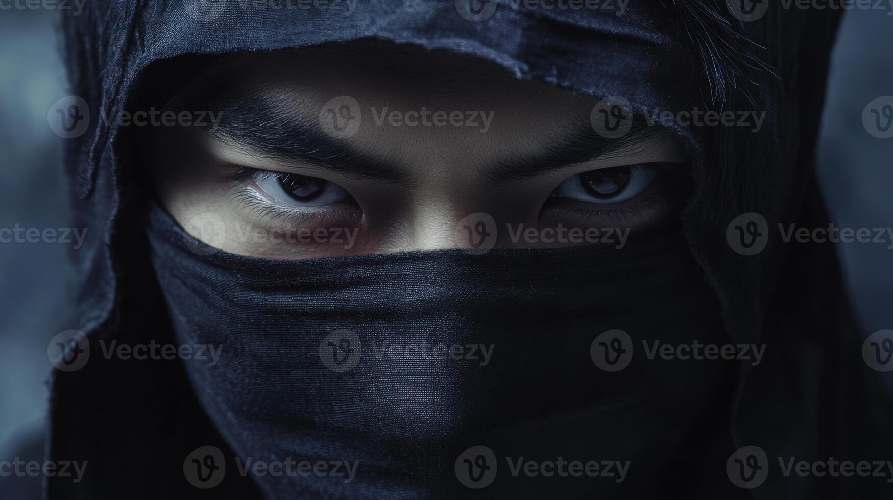 Intense Gaze of a Ninja Warrior Hidden in Shadows Mysterious and Powerful photo