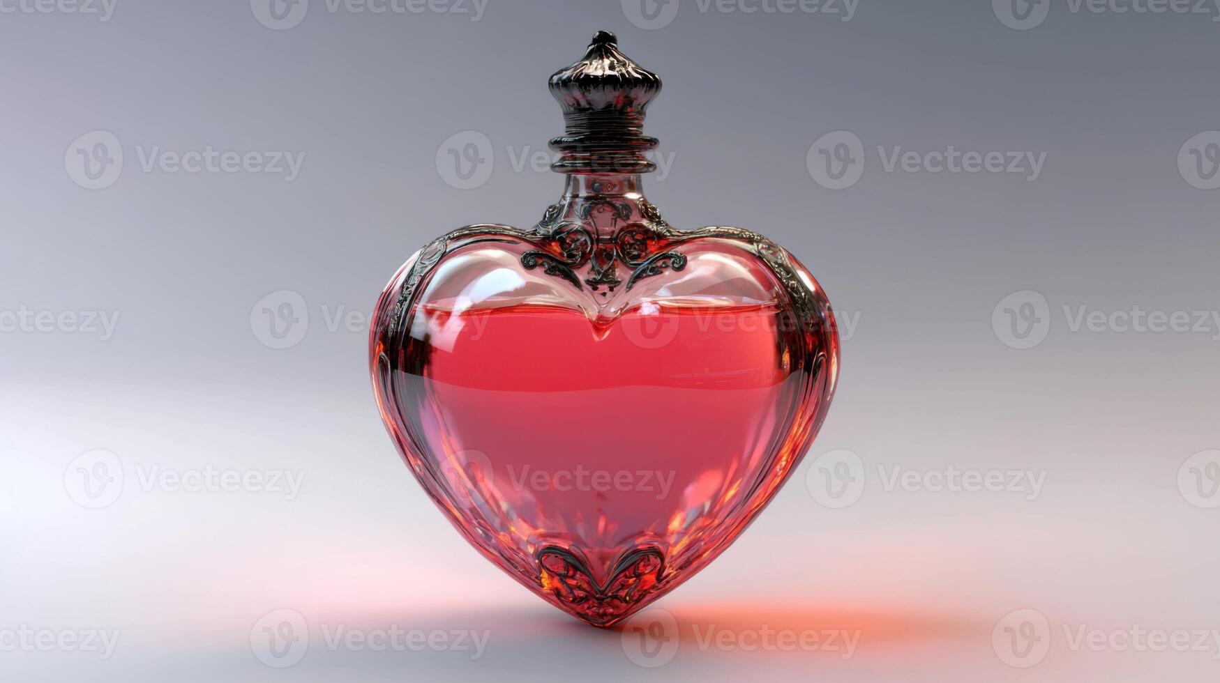 A Heart Shaped Glass Bottle Filled with Crimson Liquid, Ornate Metal Cap, Elegant Design, Romantic and Mysterious Vibe photo