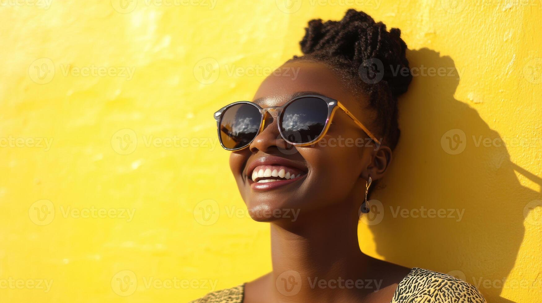 Radiant Black Woman in Sunglasses Against Vibrant Yellow Wall, Summer Fashion and Joyful Expression photo