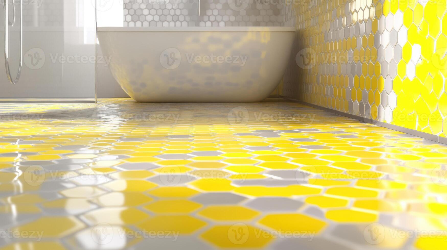 A bathroom with yellow tiles and a white tub photo
