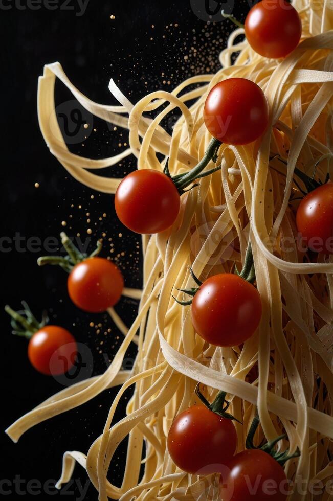 A pile of spaghetti with tomatoes on top photo