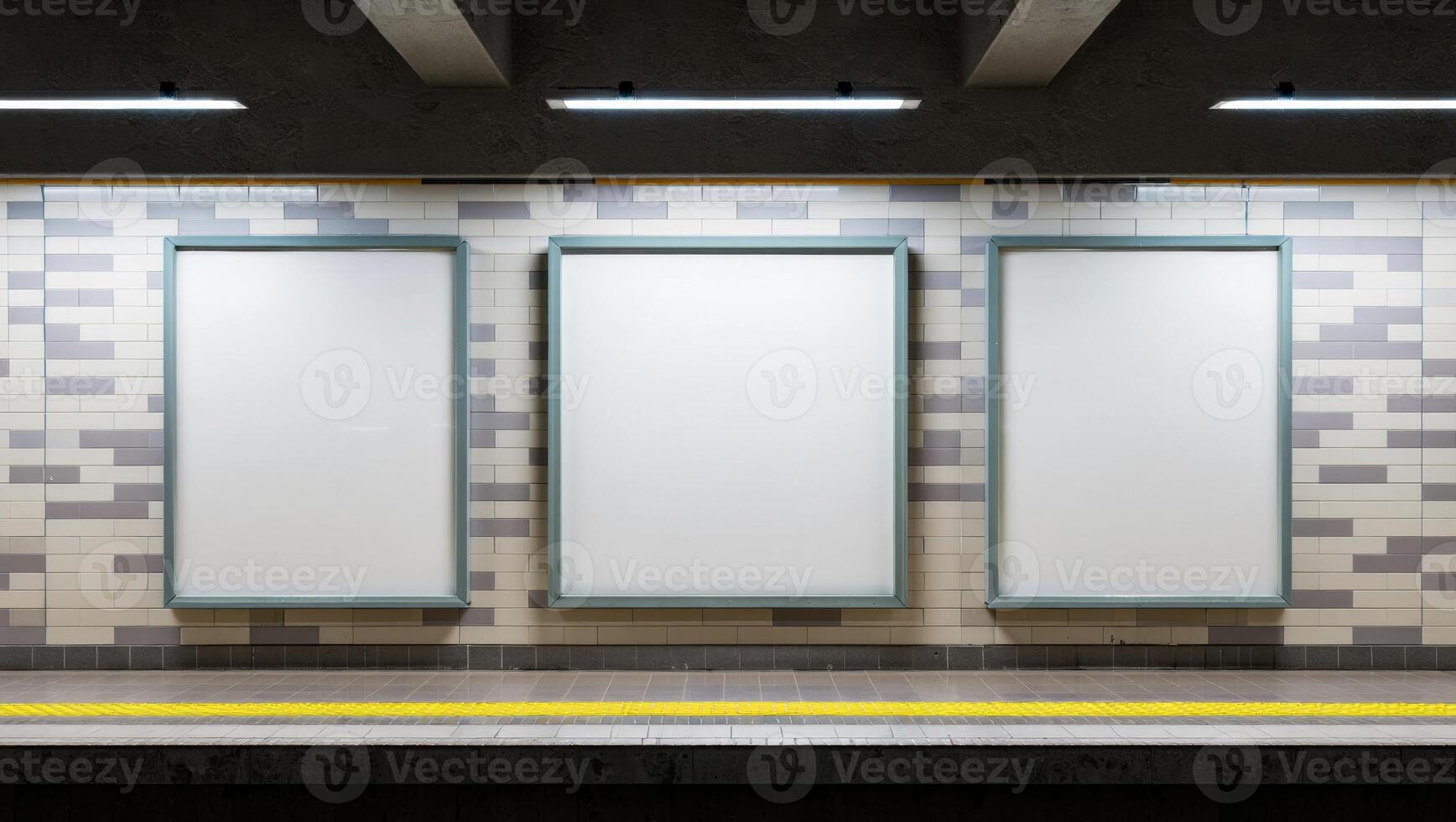 Three blank billboards in a subway station photo