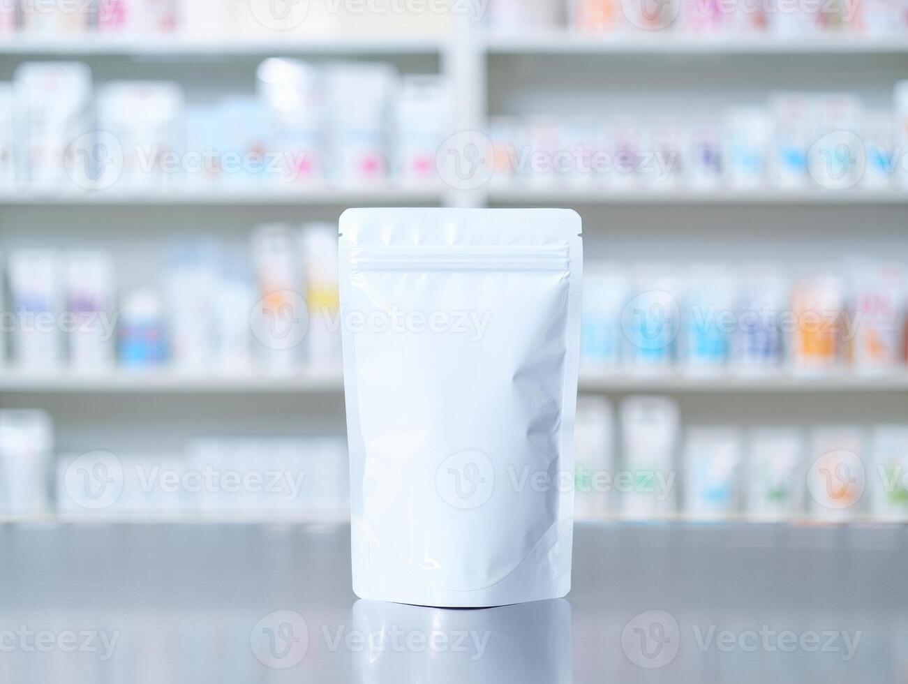 Blank White Pouch Standing on Counter in Pharmacy Awaiting Product photo