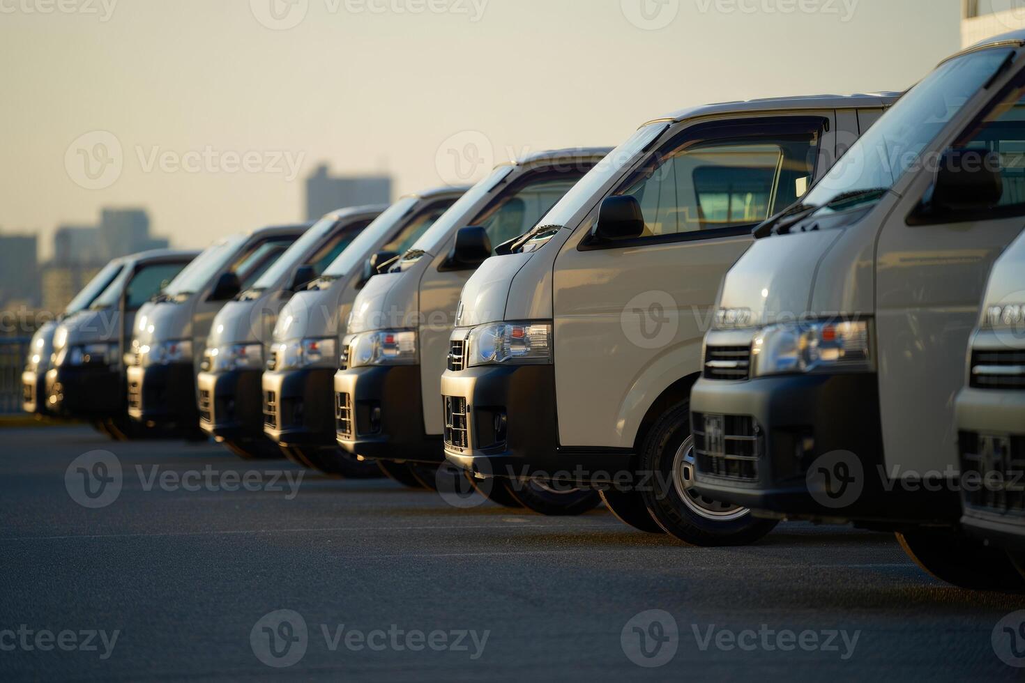 A row of white vans parked in a parking lot photo