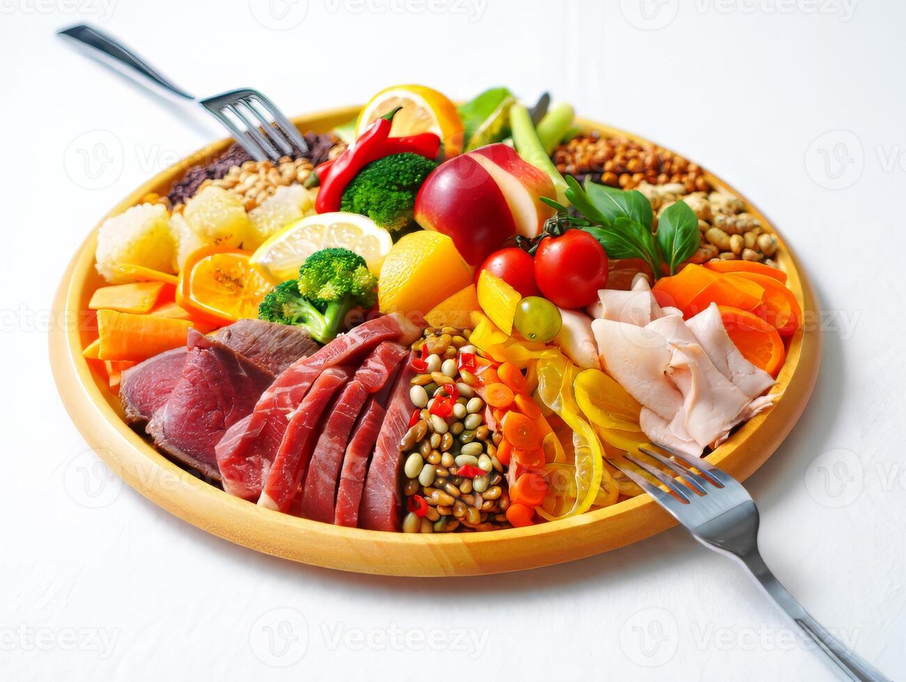 A plate of food with meat, vegetables and fruit photo