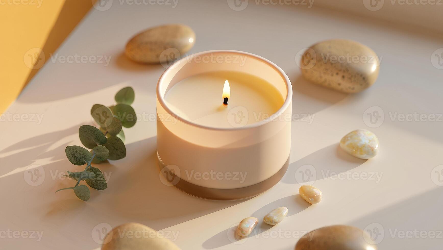 A candle and stones on a table with a green plant photo