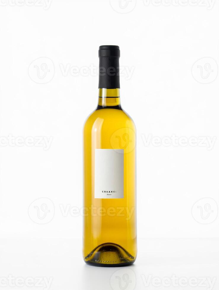 A bottle of white wine with a white label photo
