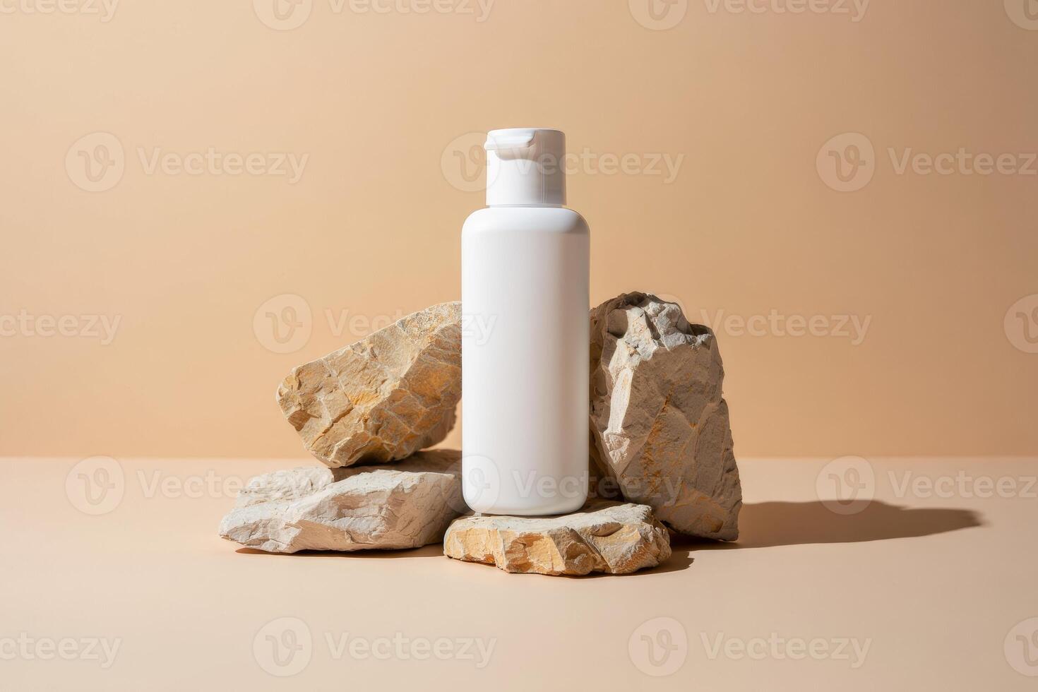 A bottle of lotion sits on top of some rocks photo