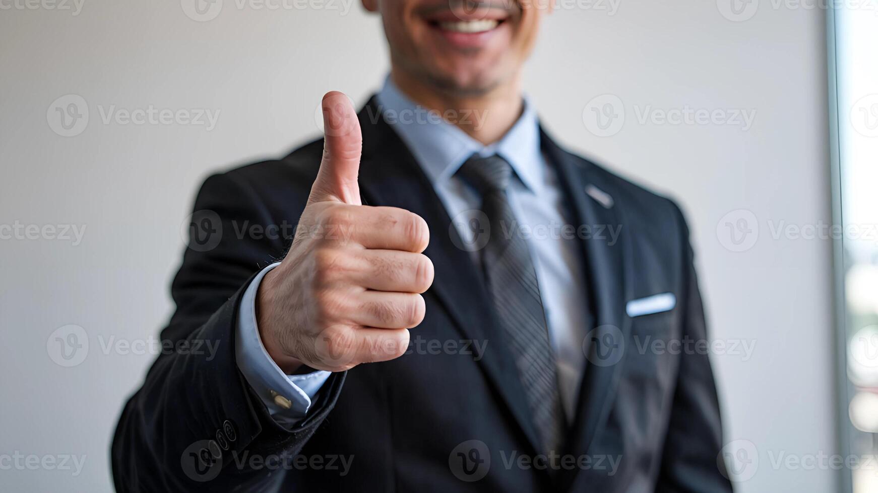 Confident Businessman in Black Suit Giving Thumbs Up Gesture for Professional Success and Approval photo