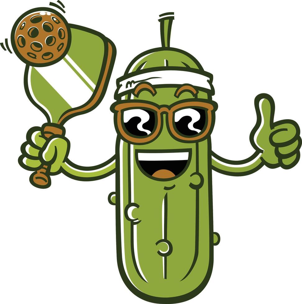 a happy pickleball cartoon mascot with a racket and ball wearing sunglasses and giving a thumbs up vector